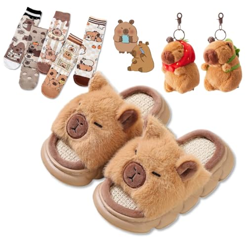 Geerta Cute Capybara Slippers for Women Girls Daughters - Capybara Cartoon Pattern Keychain & 5 Pairs Socks Christmas Gift Set, Fluffy House Slippers Cozy Fuzzy Open Toe Indoor Comfort Wear Slides