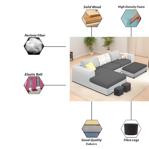 Image of Koza LHS 4 Seater L Shape Sofa Set with Center Table for Living Room (Black Grey Fabric) Premium Fabric Sofa