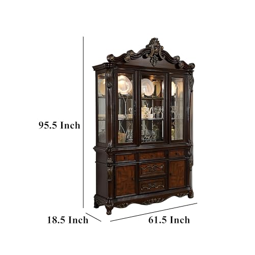 Benzara Zenie Buffet Cabinet and Hutch, Classic Carved, Solid Wood, Cherry Brown and Black
