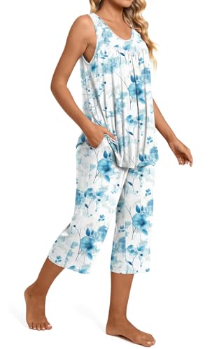 Image of TAOHUADAO Womens Summer 2 Piece Pajama Sets, Sleeveless Tops with Capri Pants, Lounge Ladies Pjs Sets with Pockets