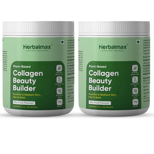 Image of Herbalmax 100% Veg Collagen Beauty Builder 195g Plant-Based Collagen Supplement for Hair, Skin, Nails & Joints | With Vitamin C & E | Mixed Fruit Flavour | Naturally Gluten-Free & No Added Sugar |Pack of 2