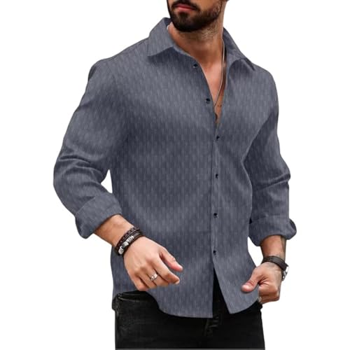 Image of DEELMO Men's Regular Fit Button Down Dress Shirts Textured Long Sleeve Casual Hawaiian Shirt