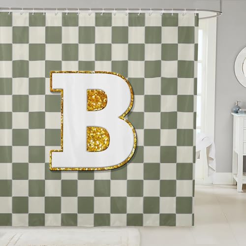 Image of Erosebridal Sage Green Checkered Bathroom Curtain Plaid Initial B Shower Curtain 72 inch Wx78 L Personalized Monogram Bathroom Accessories for Kids Adults,Fashion Grids Gingham Shower Decor