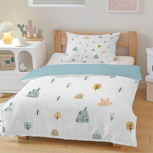 Funda Nórdica Cama 90 Montañas, Funda Edredon 150x220 Microfibra Suave, Ropa de Cama Árboles Arcoíris - Funda Nordica Nubes y 2 Funda de Almohada 50x75 con Cremallera, F-567