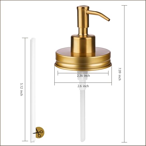 Image of Amolliar Mason Jar Liquid Soap Dispenser Pump, Rustproof Stainless Steel Lid, Refillable Soap Pump for Kitchen, Bathroom, Hand, Dish, Lotion Soap Pump Replacement, Cute Farmhouse Decor, Golden 2 Pack
