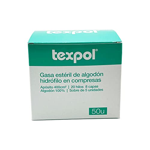 SURGICALMED - Gasas estériles de algodón hidrófilo en compresas 8 cm x 6 cm - 8 capas - Gasas - Paquete de 50 uds en 10 sobres de 5 uds - Gasas de alta absorción y de uso médico.