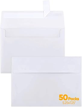 50 Packs 5x7 Envelopes,White Envelopes for Invitations,Great for Graduation, Printable, Postcard,Self Seal for Weddings