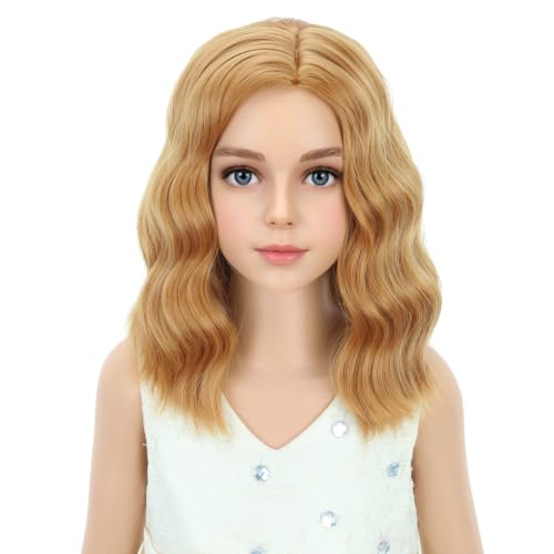 Image of PATTNIUM Strawberry Blonde Wig for Kids Child Short Curly Wavy Blonde Brown Wig Girl Side Part Shoulder Length Hair Synhhetic Wig