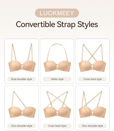 LUCKMEEY Women's Strapless Front Closure Push Up Bra, Non-Slip Removable Straps, Wireless Seamless, A-C Cup Almond Skin X-Large - 5