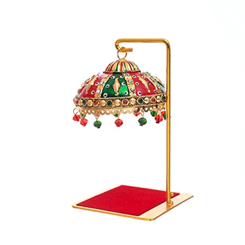 Image of Metal Umbrella Chhatra With Hanging Crystals For Action God Idol, Car Dashboard /Office Desk /Table /Home Decor Showpiece, Chatri Aasan For God Murti (M 111)