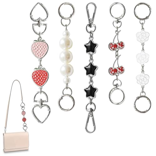 Chewarelly 5Pcs Bag Chain Extender Purse Strap Extenders Handbags Extender Chain Replacement Valentine Gifts Mothers Day Gift(Strawberry Flower Star Cherry Pearl with Silver Buckle)