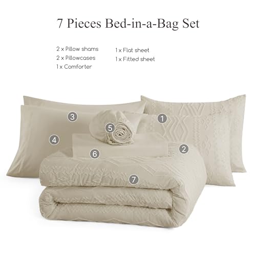 Image of AMBERSPACE Full Size Comforter Set Beige, Tufted Boho Bedding Farmhouse Bed Set, All Season 7 Pieces Bed in a Bag with Sheets, Pillowcases & Shams