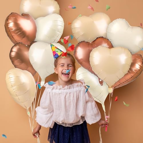 Image of Atpata Funky Boho Theme Foil Balloons - White Sand, Nude Cream, Tan Brown Caramel Shades - Stars and Hearts Shape - for Weddings, Birthdays, Baby Showers, and Party Decorations (12pcs, Hearts)