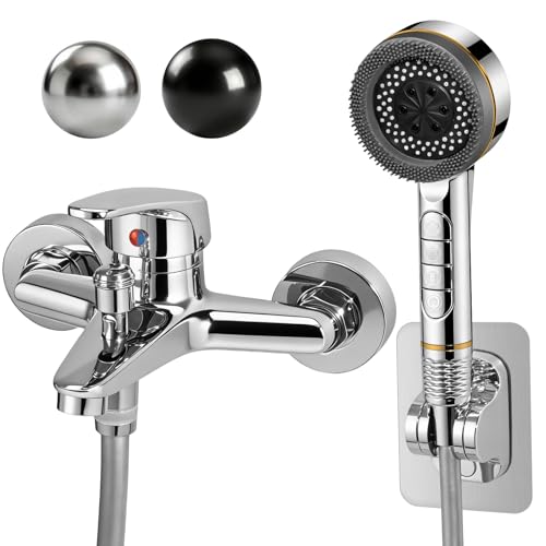 Grifo de Bañera con 4 Funciones Alcachofa de Mano Grifo Bañera Mezclador Monomando en Pared Grifería para Bañera con 1,5M Manguera y Soporte Mezclador de Baño (Plata Set-R)