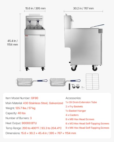 Image of VEVOR Commercial Propane Deep Fryer with Casters, 90,000 BTU with 2 Baskets | 3-Tube Burner Fryer, Stainless Steel Floor Standing Deep Fryers Cart, 40 lbs Capacity for Restaurants