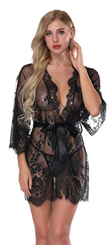 Itisovo Women's Lace Kimono Robe Sheer Babydoll Lingerie Mesh Nightgown See Through Lace
