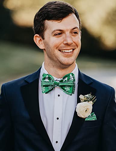 Dibangu Hunter Green Bow Ties For Men Emerald Green Bow Tie And Pocket Square Set Self Tie Mens Silk Bow Ties Christmas #TOP3