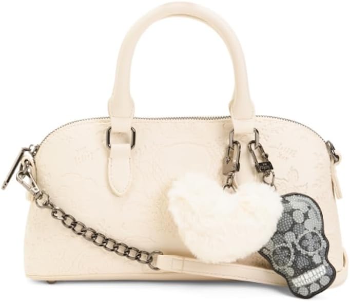 Betsey Johnson East West Satchel with Charms, Dual Top Handles, Adjustable Detachable Shoulder Strap, 11.5in W x 6in H