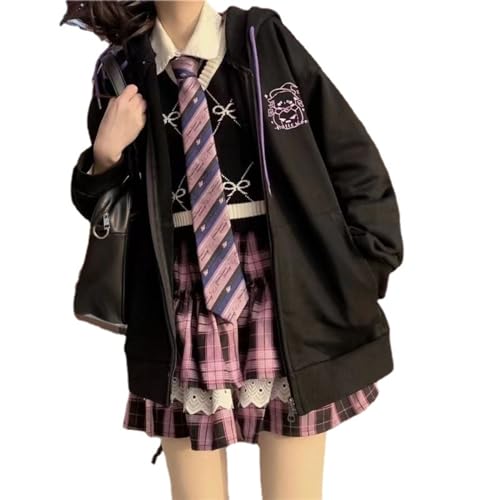 QJK Kawaii Clothes - Linda sudadera con capucha, chaqueta kawaii, lindas chaquetas para mujeres, sudaderas con capucha para adolescentes y niñas, chaquetas de moda, Negro -, M