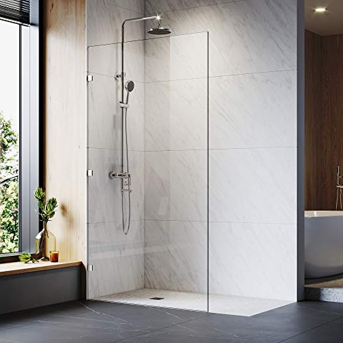 ELEGANT Frameless Shower Screen 10mm Tempered Toughed Glass,Walk in Bathroom Fixed Panel,Hardware Colour Chrome,with Acrylic Fiberglass Tray Base&Waste,1200x2000mm+1200x1000mm