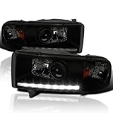 Spec-D Tuning Black Smoke Projector Headlights w/LEDs Compatible with 1994-2001 Dodge Ram 1500, 1994-2002 Dodge Ram 2500/3500, Left + Right Pair Headlamps Assembly