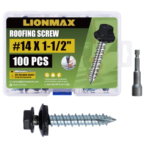 LIONMAX Metal Roofing Screws #14 x 1-1/2 Inch, 100PCS, Black, Rubber Washer