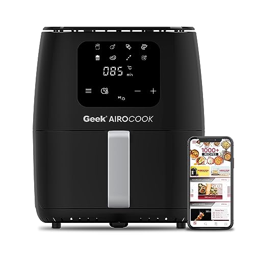 Geek Airocook Aura 5 Litre Digital Air fryer | 4 in 1 Appliance with 8 Preset Menu – Air fry, Grill, Toast, Roast & Bake | Soft Touch panel | Low fat, Oil Free Cooking | Recipe book, 1500W, Black