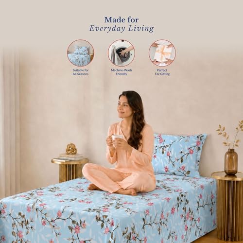 Image of Jaipur Weaves Bedsheet Single Size 100% Pure Cotton Bed Sheet with 1 Pillow Cover, 240 TC Premium Bedding Set, 63x90 inches, Super Soft Cozy(Spring Tulips Blue)