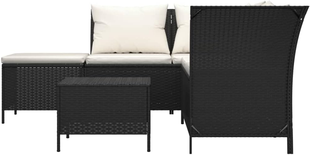 4 Piece Black Poly Rattan Garden Lounge Set with Cushions, Modern Outdoor Furniture for Patio, Weather-Resistant Corner Sofa with Storage Space and Water-Resistant Bag