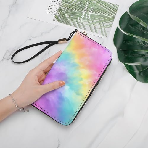 Pastel Rainbow Colors Tie-dye Pattern PU Leather Clutch Long Bifold Wallet, Coin Purse Credit Pass Case, Durable Card-Holder Money Storage for Women Men4