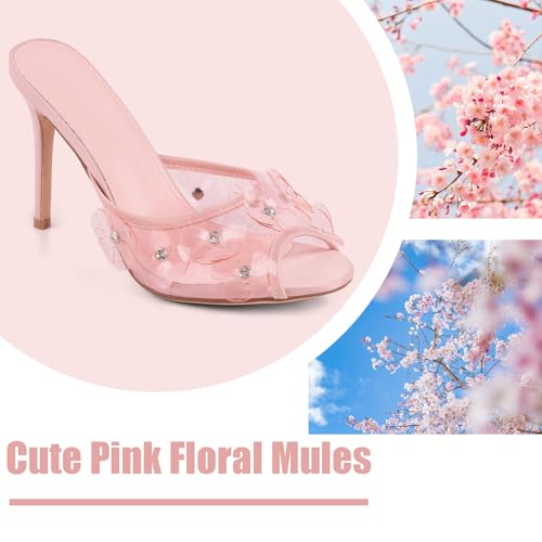 Clear Heels for Women Heeled Sandals Pink High Slip On Sandlas for Women Cute Mules Crystal Flower Slippers for Women White Wedding Slides Summer Shoes4