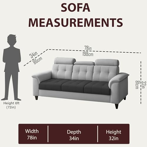 Image of Casaliving Ella 3 Seater Sofa Set for Living Room (Black Grey Colour Fabric) Premium Fabric Sofa