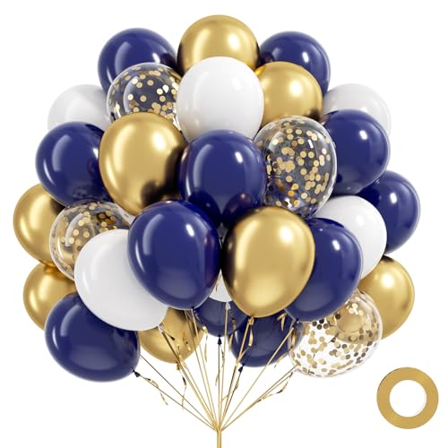 60pcs Navy Blue and Gold Balloons 12inch White Metallic Gold Confetti Navy Blue Balloons for Baby Shower Graduation Birthday Party Decorations