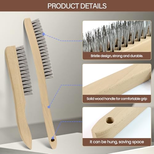 Image of Heavy Duty Stainless Steel Wire Brush, 1Pcs 10 inch and 1Pcs 14 inch | Curved Beechwood, Long Handle, Scratch Brush, For Rust, Metal, Paint, Welding, Automotive & Household Cleaning