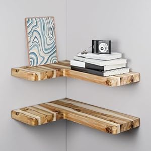 BATODA Acacia Corner Floating Shelves 17“x12”, Wall Shelves – Floating Book Shelves for Wall, Corner Bookshelf for Home Decor – Wooden Shelves with Bracket and Hardware, Boho Decor (Natural Color)