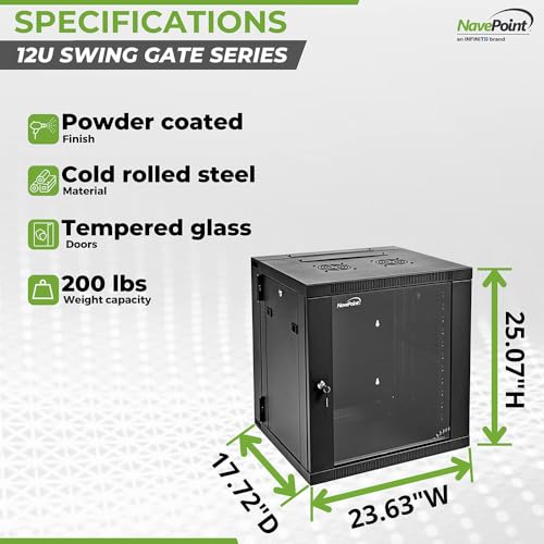 Image of NavePoint 12U Cabinet with Hinged Back - 17.7 inch Deep, Server Rack Enclosure with Locking Glass Door, Wall Mount Rack with Removable Side Panels, Network Cabinet with 2 Fans, Assembled