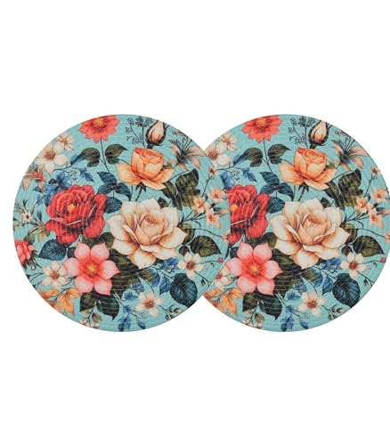 Image of LaVichitra Cotton Table Placemat | Dining Table Mat | Bed Side Table Mat | Cotton Round Shape Placemats | Washable PlaceMat for Shelves & Plant Pots - Pack of 2, Blossom