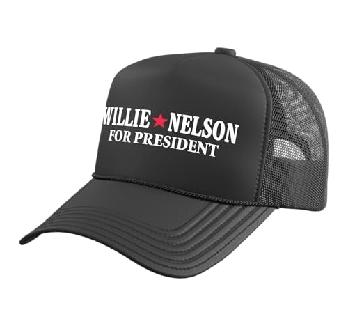 Willie Nelson for President Black Tee Trucker Hat with Adjustable Mesh Back Black