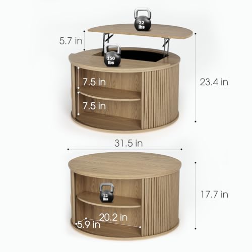 Image of JOINICE Round Lift Top Coffee Table with Storage for Living Room,Oak | 31.5 inch Drum Design,Hidden Storage&Open Shelf,Boho Fluted Center Table for Small Apartments,Easy Assembly,Up to 150 lbs