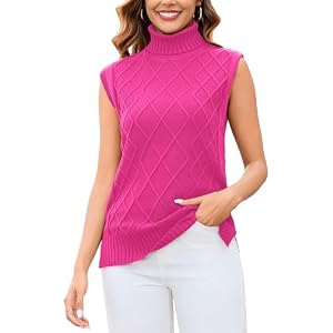 Totatuit Womens Sleeveless Turtlenecks Sweaters Cap Sleeve Mock Neck Ribbed Knitted Solid Pullover Sweater Vest A_rose Red X-Large