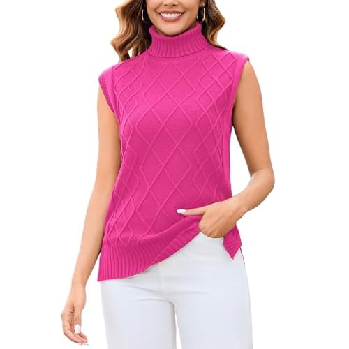 Totatuit Womens Sleeveless Turtlenecks Sweaters Cap Sleeve Mock Neck Ribbed Knitted Solid Pullover Sweater Vest A_rose Red X-Large