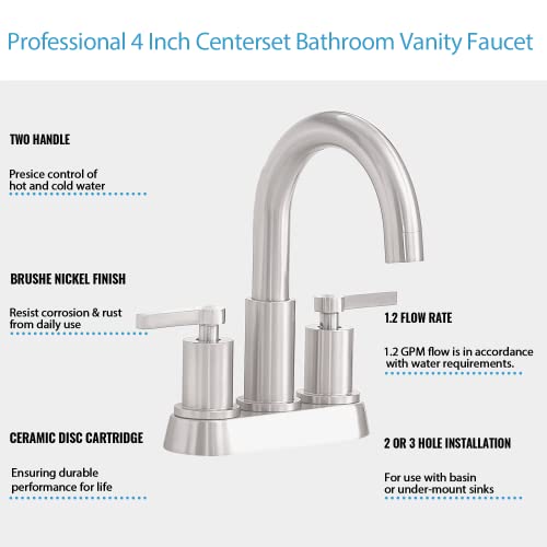 Brushed Nickel Bathroom Sink Faucet,4 Inch Centerset Bathroom Faucet,2 Handle Stainless Steel Bathroom Faucets For Sinks 3 Hole,Rv Lavatory Vanity Faucet With Pop Up Drain And Supply Line Kmbf004L-1 #TOP2