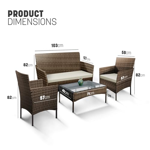 KEPLIN 4 Piece Rattan Garden Furniture Set - Outdoor Lounger Sofa, Stackable Chairs & Bistro Table - UV-Resistant, Easy Storage - Patio Dining (Brown) - Image 2