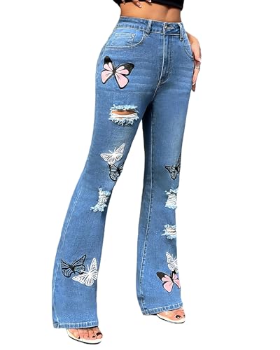 Women's Ripped Butterfly Print Flare Bell Bottom Jeans High Waisted Relaxed Wide Leg Denim Pants2