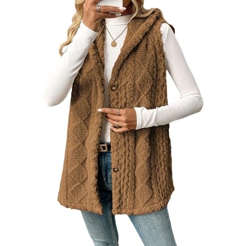 Chaleco largo de forro polar para mujer con capucha y bolsillos
