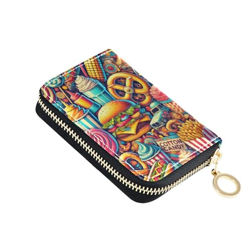 GAIGEO Vintage Carnival Junk Food Womens Wallets Leather Credit Card Protector RFID Blocking Zip Around Zipper Change Purse with Key Ring