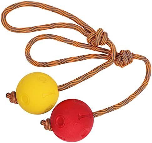 Weeyuu Rope Dog Toy, 2 Pack Ball on a Rope Dog Toys Durable Elastic Solid Rubber Balls for Fetch, Catch, Throw and Tug of War (6 cm, Red + Yellow)