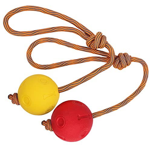 2 Piezas Pelota para Perro con Cuerda, Bola en una Cuerda de Juguete para Perro, Bola de Goma Sólida Elástica Duradera para Buscar, Atrapar, Lanzar y Tirar de la Guerra (7 cm, Rojo + Amarillo)