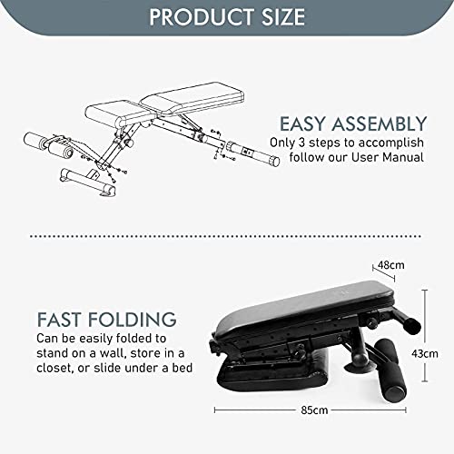 RitFit Adjustable Weight Bench, Folding Workout Bench for Home Gym, Incline Decline Bench for Full Body Workout (Pure Black)