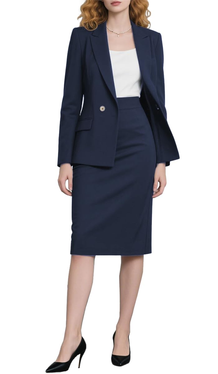 Botong Women's Navy 2 Piece Skirt Suit Set Long Sleeve Blazer Jacket Midi Pencil Skirt Suits M